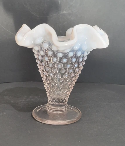 Vintage Fenton Hobnail Light Pink Opalescent Ruffled Trumpet Vase