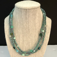 3 Strand Glass Beaded Necklace Aqua Blue Green, Grey  Iridescent Green,