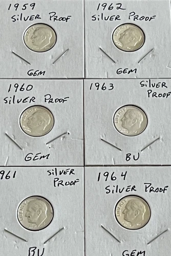 lot of Rosevelt Silver Proof Dime dates 1959, 60, 61, 62, 63, and 64
