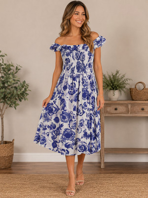 Destination 365 L Clematis Blue Floral Midi Dress Off Shoulder Pockets NWOT