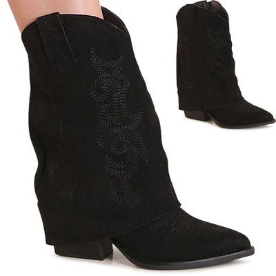Damen Velours Stiefeletten Western Cowboy Stiefel Fold Over Booties