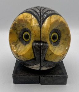 Carved Alabaster Owl Head Bookends Retro Made In Italy w/ Label