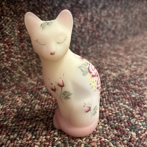 Fenton White Opal Satin Glass Cat Figurine Hand Painted Signed Lavender Roses