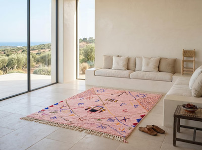 Blush Pink Berber Wool Rug, Azilal Symbol Beni Ourain Moroccan Carpet,