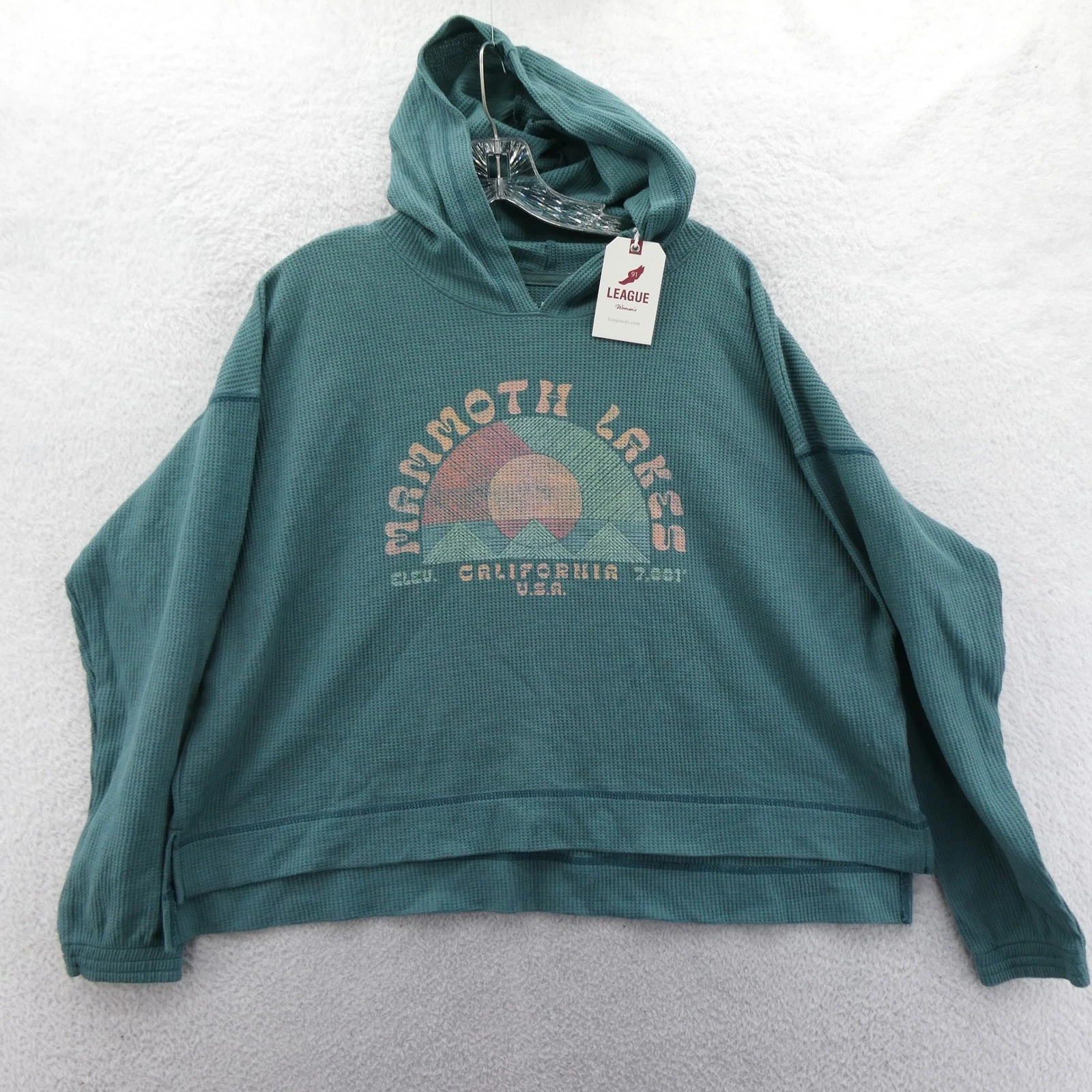 League Hoodie Women Medium Mammoth Lakes California Teal Waffle Knit Cropped