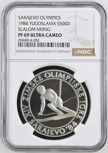1984 YUGOSLAVIA S500D SLALOM SKIING SARAJEVO OLYMPICS NGC PF 69 ULTRA CAMEO