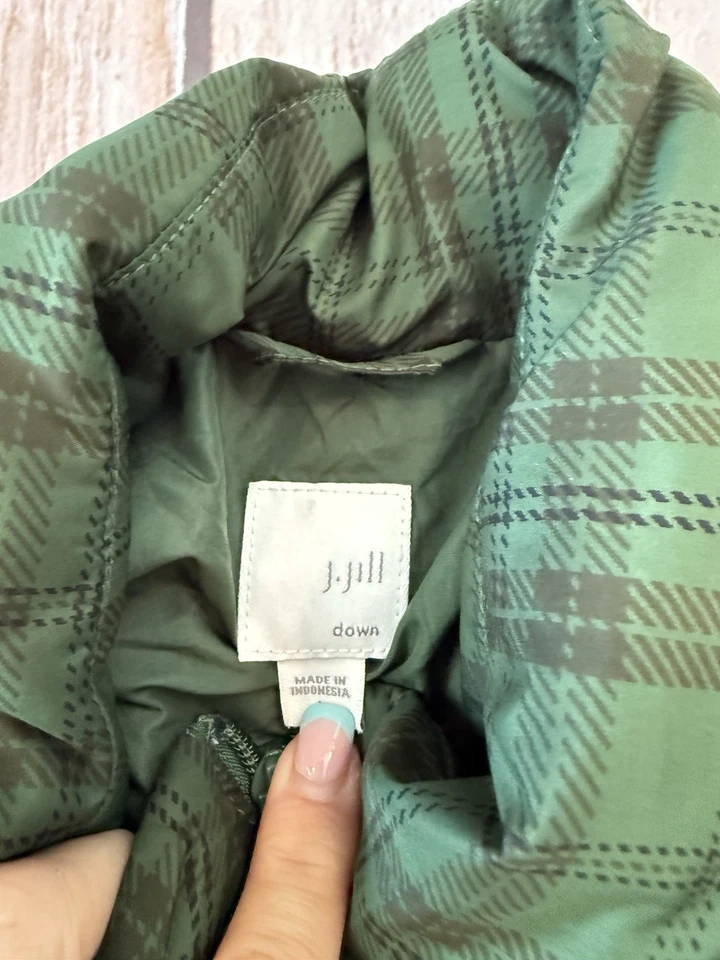 J Jill Down Puffer Jacket Womens Size Large Green Plaid Full Zip Pockets - Image 3 of 4