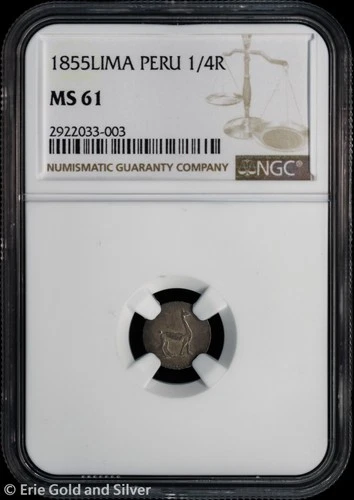 1855 Lima Peru Silver 1/4 Real Llama Coin NGC MS 61 | Uncirculated UNC