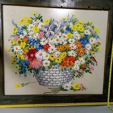Crewel Flower Basket Floral Bouquet Embroidery Large Framed Cottage 36” Vintage
