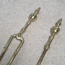 Vintage Victorian Large Brass Fireside Companion Fire Place Tongs & Poker Tools