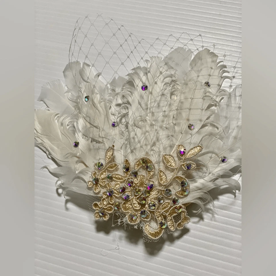 Jaula de pájaros velo encaje pluma fascinador accesorio para el cabello baile nupcial aleta formal Foto 3 de 4