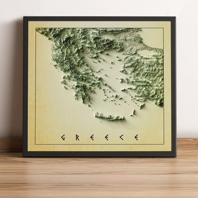 Greece Map, Greece 2D Relief Map, Greece Vintage Map - 2D Flat Print