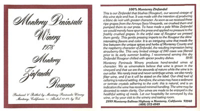 Monterey Peninsula Winery Zinfandel Rougeur CA 1970s 1978 Vtg Wine Label