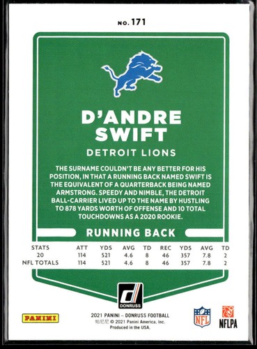 2021 Donruss #171 D'Andre Swift Press Proof Yellow - Picture 2 of 2