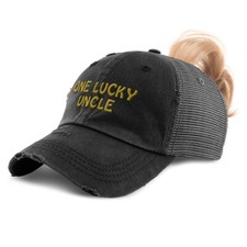 Womens Ponytail Cap 1 Lucky Uncle Blessed Family E Luck Distressed Trucker Hats