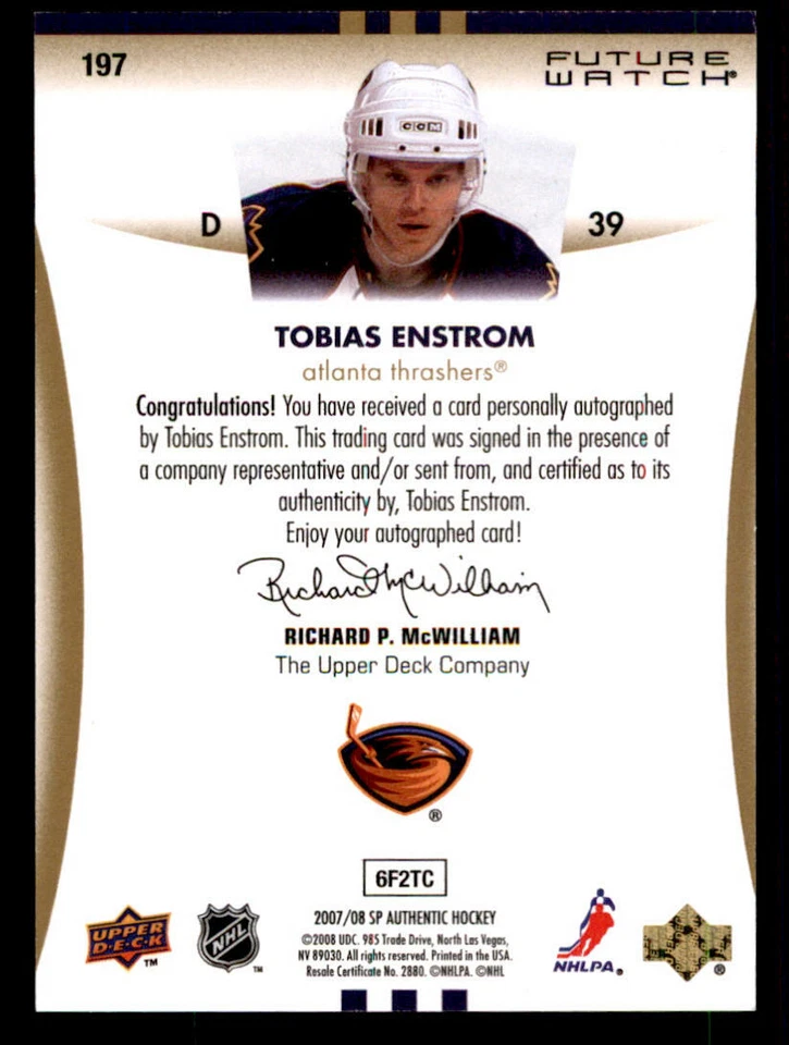 2007-08 SP Authentic #197 Tobias Enstrom AU RC /999 (ref 239978) - Image 2 of 2