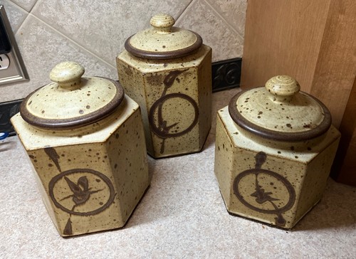 VTG SET 3 MCM Art Pottery Stoneware Otagiri Takahashi Canisters Speckled 5-sided - Picture 4 of 17