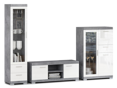 Wohnwand Sote Wohnzimmerset mit Kommode Betonoptik + Weiß Hochglanz Möbelset 05