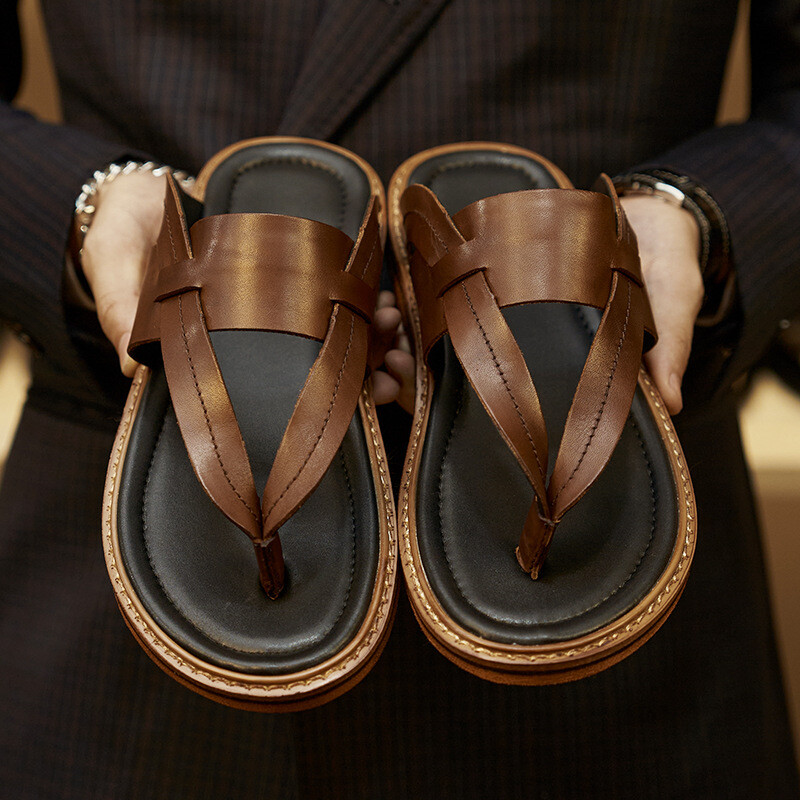 Occident Western Flip Flop Slippers Sandals Mens Real Leather Casual Flats  Shoes