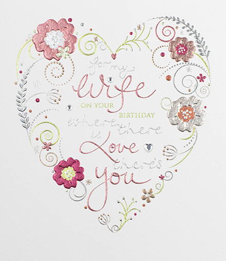 Love Heart Wife Birthday Card – Handmade with Real Gems Floral Greeting Card