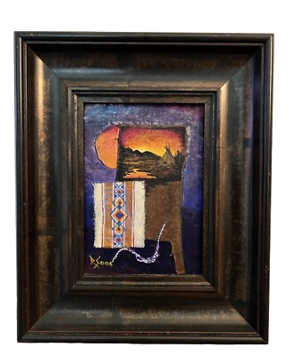 Original Signed Oil Painting Collage Art Southwest Sunset Chunky Frame 9x12 