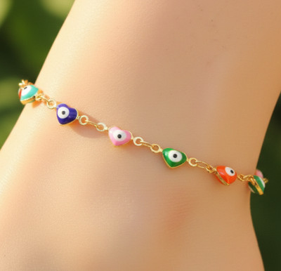 Dainty Heart Evil Eye Anklet Colorful Enamel Heart Charm Anklet Gold Chain