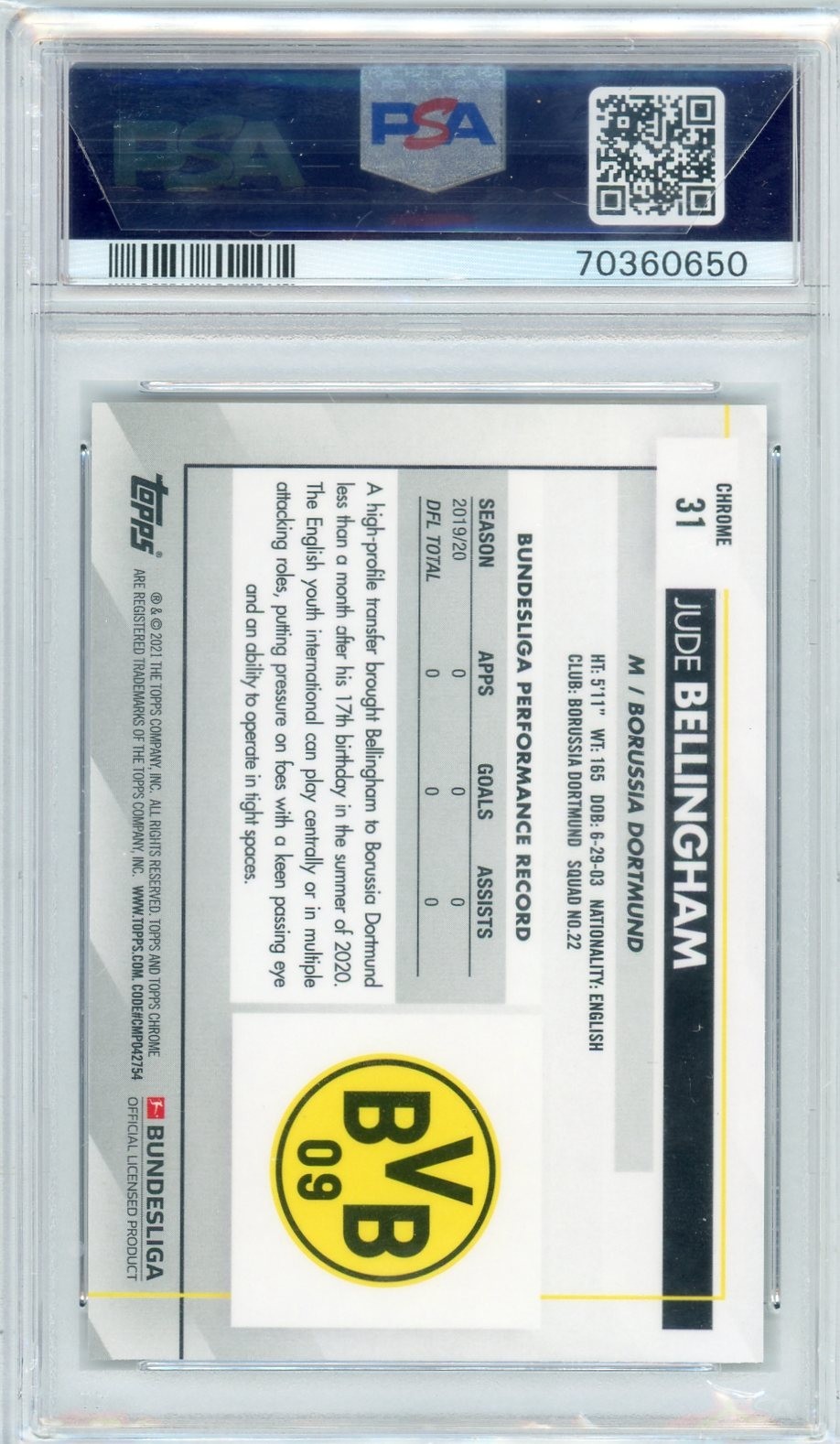 2020 Topps Chrome Bundesliga Jude Bellingham RC Rookie #31 Dortmund PSA 10 ! view 2