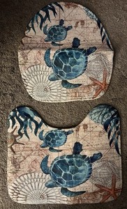Aqua Ocean Nautical Turtle Bathroom Toilet Mat and Toilet Cover Set Brand New