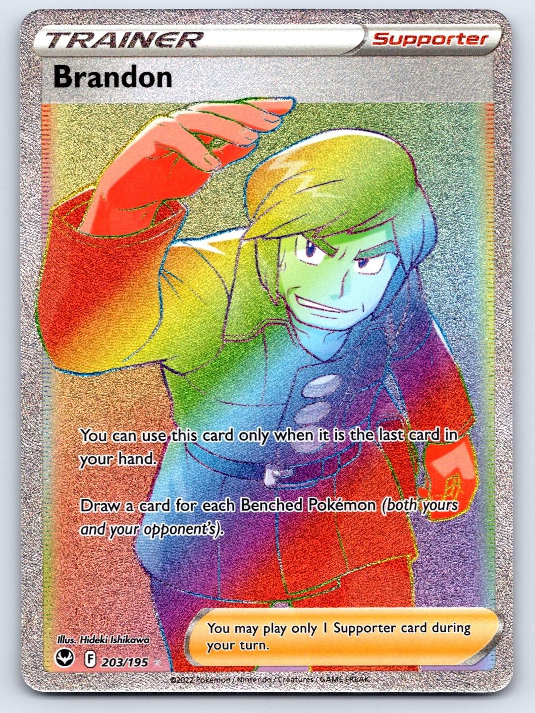 Brandon 203/195 Rainbow Rare Silver Tempest Pokemon Holo Near Mint