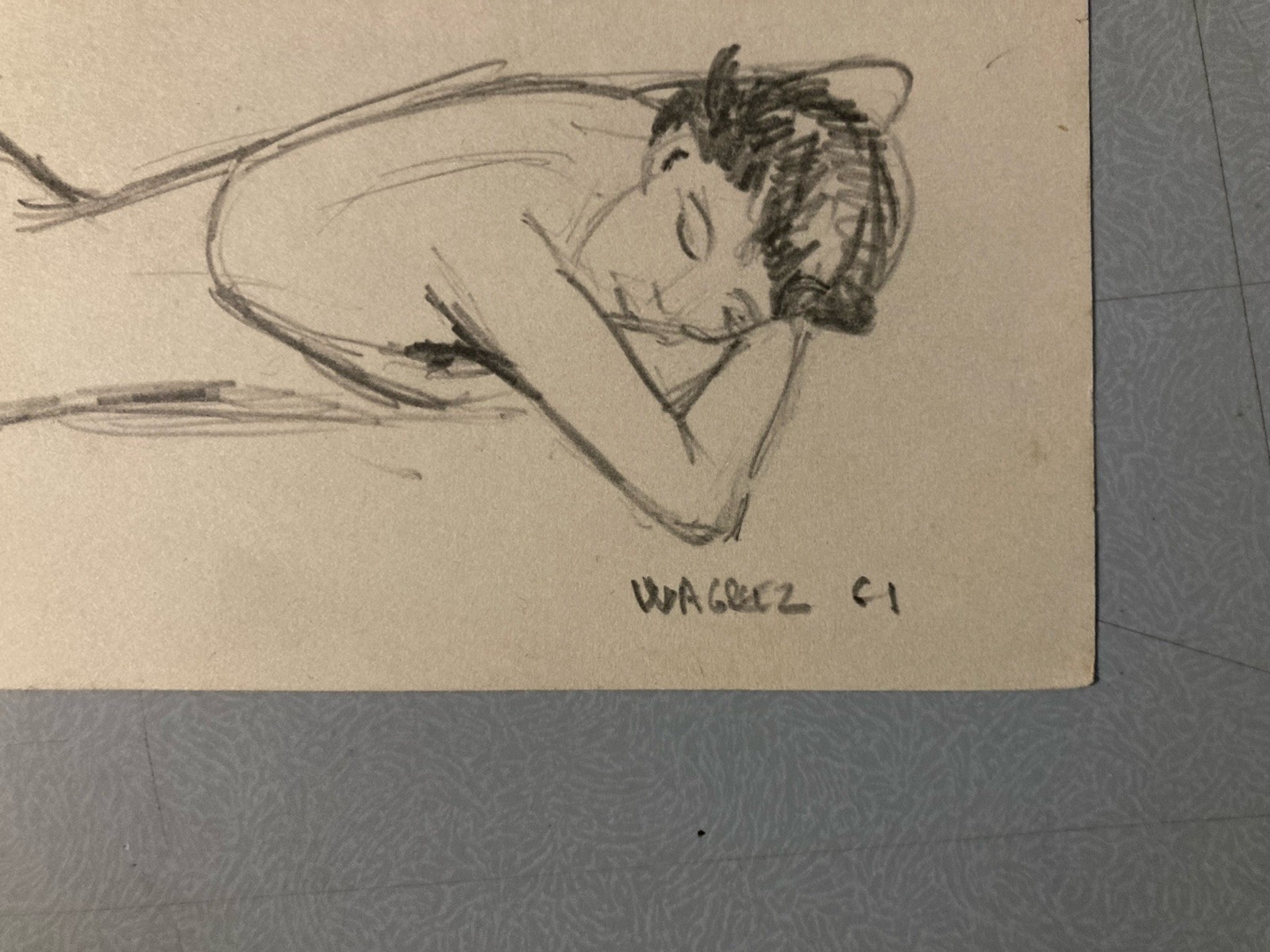 Very nice ink drawing 1943 beach sea paper grotesque character to identify