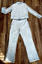 Juicy Couture Velour Tracksuit Womens Size Large Baby Blue Silver Sequin Stripes