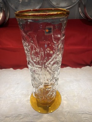 Blenko Hand blown Glass Vase #9426 In Crystal and Topaz By Hank Adams