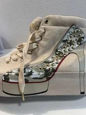 Boho Studded Platform High Top Sneakers Boots 40 Beige Gold Crystal Camo Booties