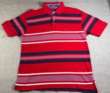 Tommy Hilfiger Mens L Polo Shirt Red Navy White Stripe 100 Cotton Y2K Preppy