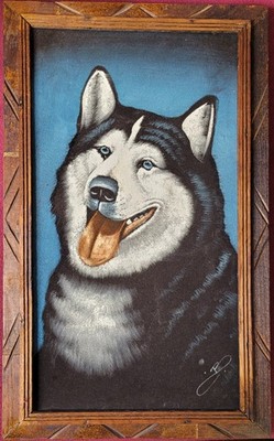 Velvet Painting HUSKY DOG, Wood Framed, Signed Mexico 13.5 x 22.5, 1960/1970s