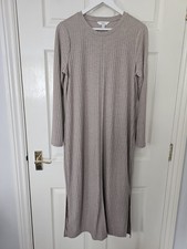 M&S Ribbed Midi Dress Size 16 Oatmeal Long Sleeves Side Splits Stretch Neutral