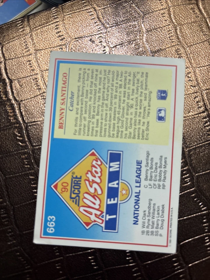 Tarjeta de béisbol 1991 Score Benito Santiago 'All-Star' #663 San Diego Padres MLB Foto 2 de 2