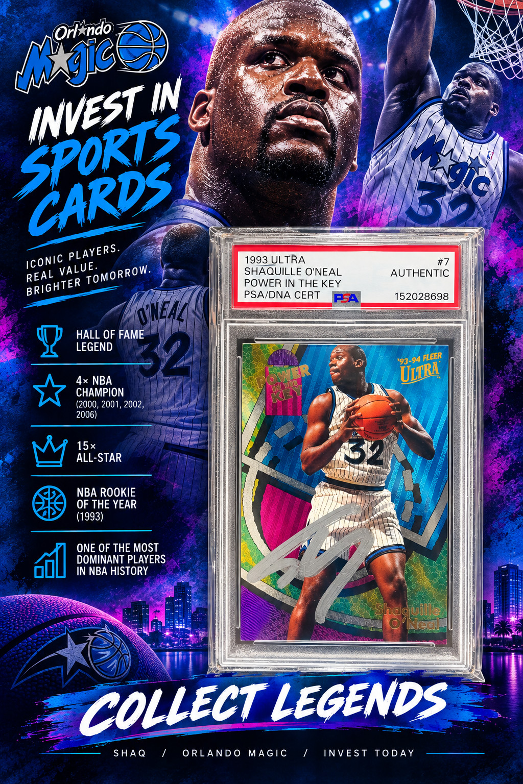 Shaquille O'Neal Signed 1993 Ultra Power in the Key Insert Foil Card #7 (PSA) 📈