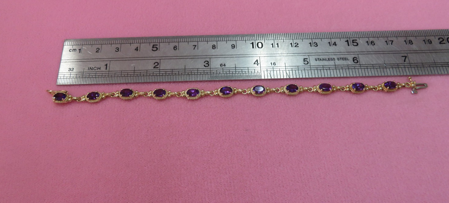 10K Solid Yellow Gold Link Amethyst Bracelet 6 7/… - image 7