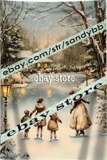 Tapestry Ice Skating Holiday Town Scene Nostalgic 59X82 in