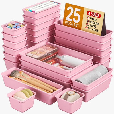 25-Piece Plastic Drawer Organizer Set for Makeup, Office, and Kitchen (Pink)