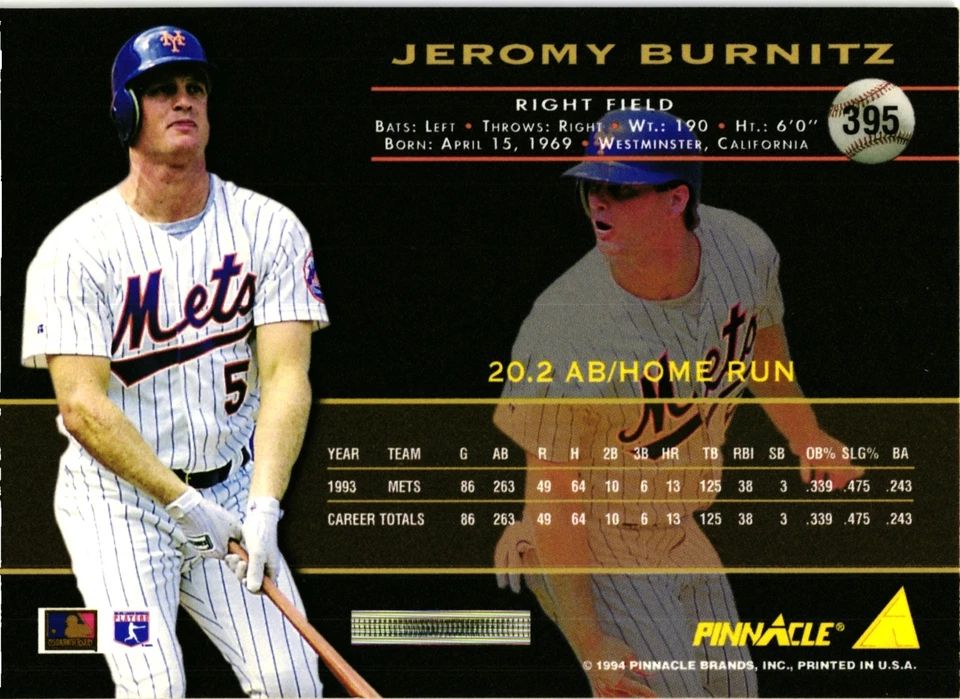 1994 Pinnacle - Jeromy Burnitz #395 - Image 2 of 2