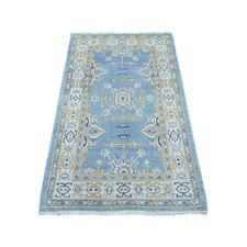 3'1"x5' Blue Hand Knotted Vintage Look Kazak with Tribal Design Wool Rug 21810
