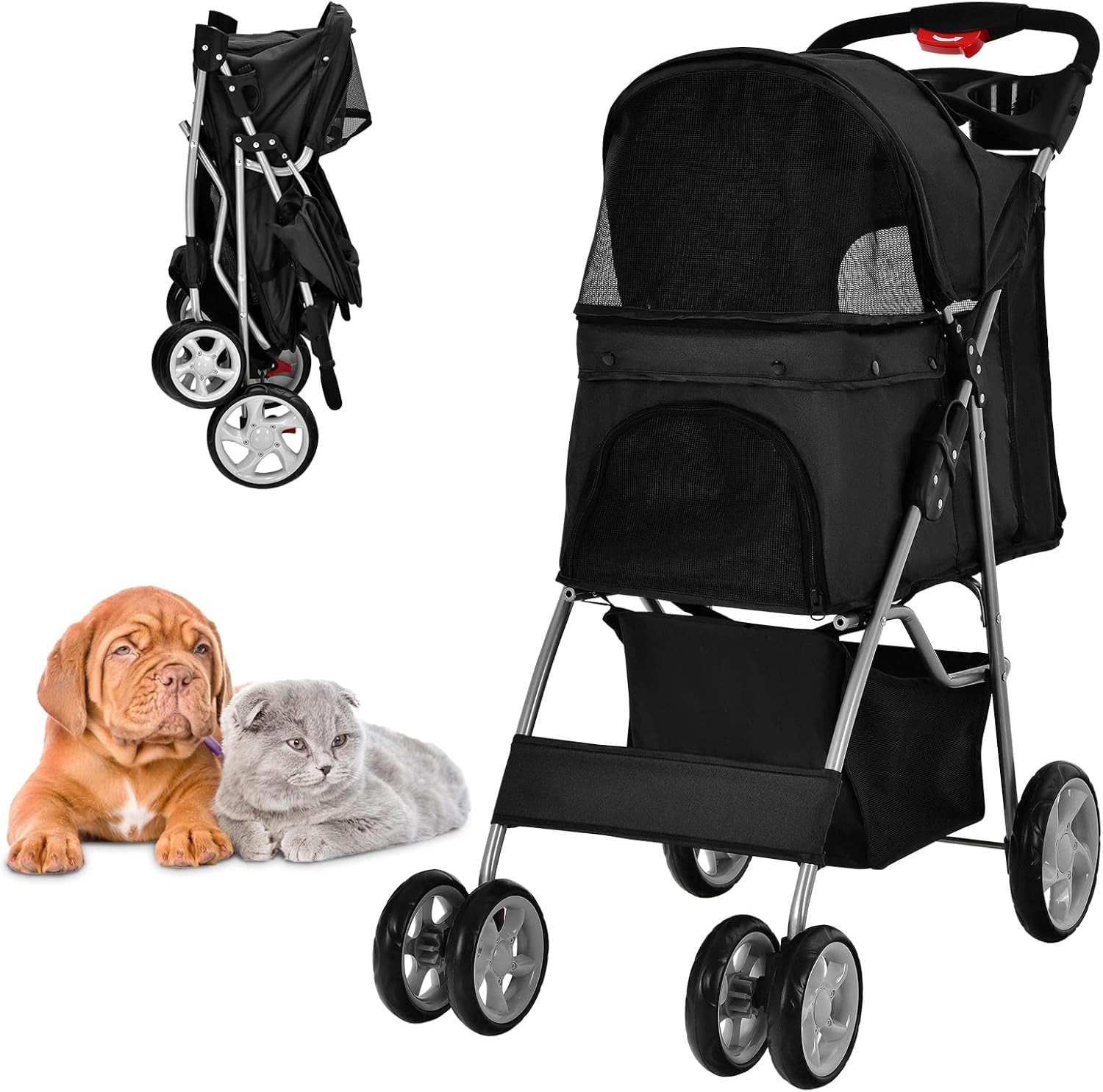 Passeggino per Cani, Carrozzina per Cani Pieghevole Fino a 15 Kg, 4 Ruote Con Fi