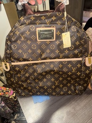 Louis Vuitton-style monogram backpack, featuring the iconic LV monogram canvas