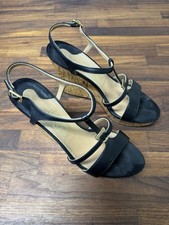 FERRAGAMO Black Leather Strap Gold Emblem Wedge Shoes