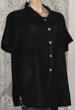 HLT297 Match Point Top Shirt Blouse Short Sleeve Button Black Linen XL 18-20