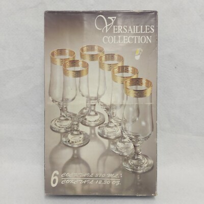 5xVintage Pasabahce Versailles Gold verkrusteter Rand Kristall Sektflöten verpackt