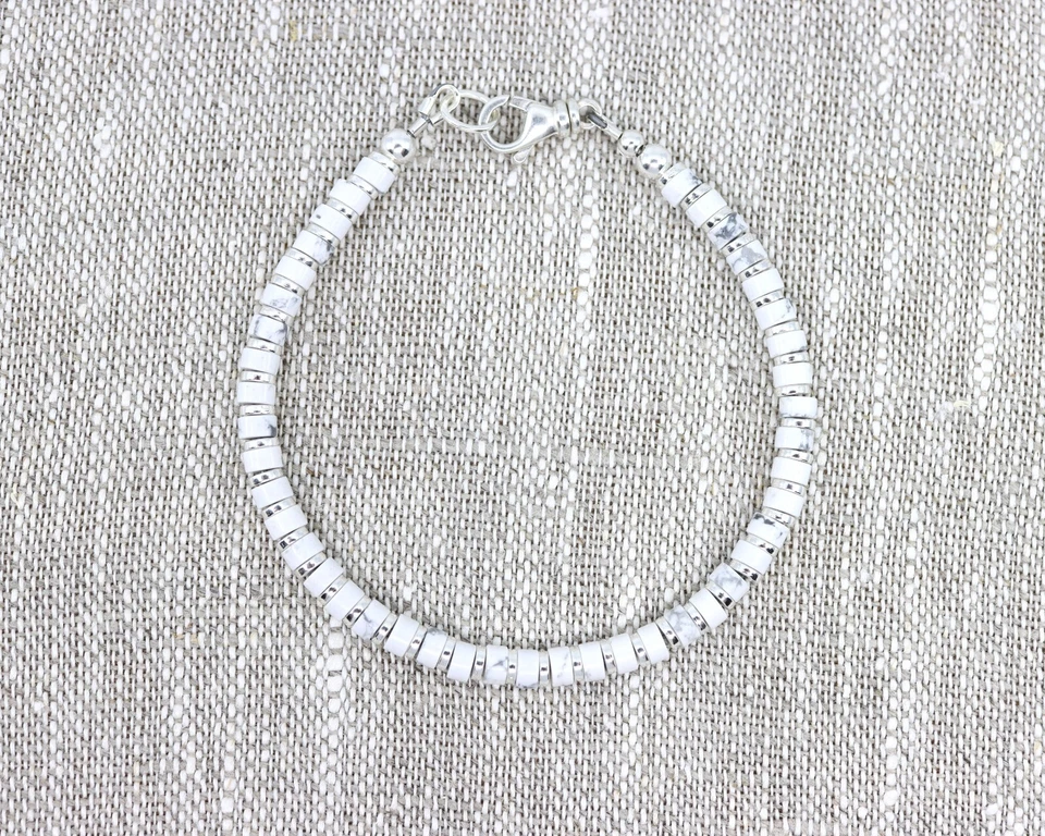 4mm White Buffalo Howlite Heishi Bracelet with Sterling Silver Lobster Clasp - Image 2 of 4