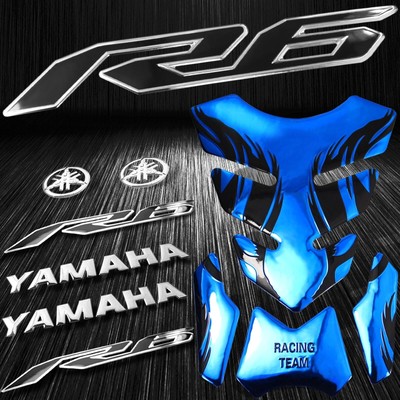 Chrome Blue Tribal Fire Gas/Fuel Tank Pad+3D 6''Logo+YZF-R6 2-Tone Emblem Sticker